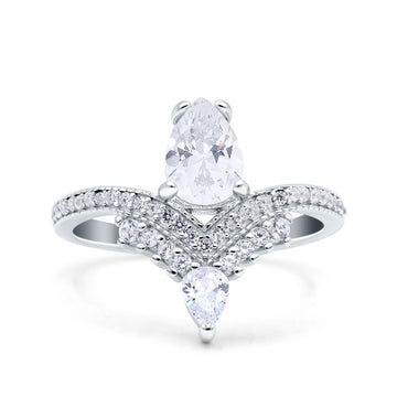 Art Deco Solitaire Accent Pear Wedding Bridal Ring Band Simulated Cubic Zirconia 925 Sterling Silver